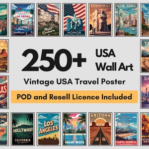 250 Vintage USA Reise Poster Bündel | Retro amerikanischer Zustand Drucke | USA Wandkunst | Digitaler Download | Kommerzielle Nutzung Weiterverkauf recht