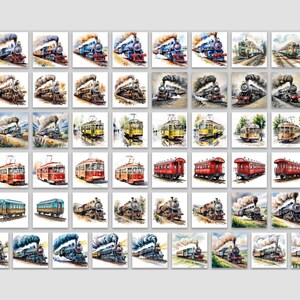 May include: A collection of watercolor paintings featuring various vintage trains and trams. The artwork showcases steam locomotives, passenger cars, and streetcars in a variety of colors and settings, evoking a sense of nostalgia.