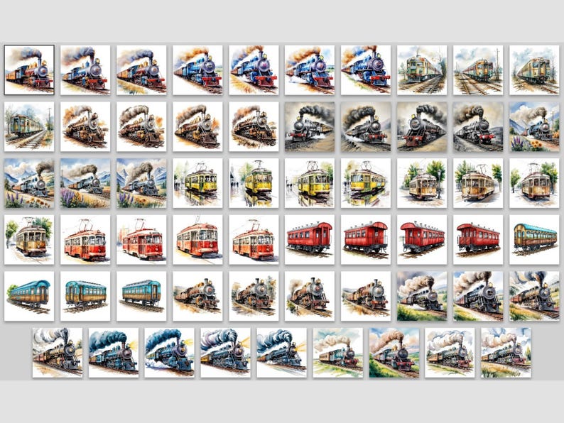 May include: A collection of watercolor paintings featuring various vintage trains and trams. The artwork showcases steam locomotives, passenger cars, and streetcars in a variety of colors and settings, evoking a sense of nostalgia.