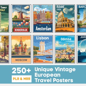 Más de 250 carteles de viajes europeos vintage / Ilustraciones retro de ciudades y lugares emblemáticos / Licencia PLR y POD