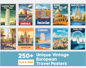 250+ Vintage European Travel Posters | Retro City, Landmark Illustrations | PLR & POD License