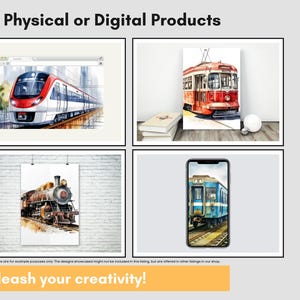 May include: Image showcasing examples of physical or digital products. The image features four framed watercolor illustrations of trains, including a modern train, a vintage trolley, and a steam locomotive. The text "Unleash your creativity!" is also included.
