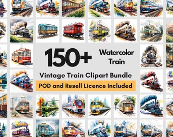 150種類以上のヴィンテージ列車のクリップアート｜水彩画風蒸気機関車アート｜PLR＆PODライセンス