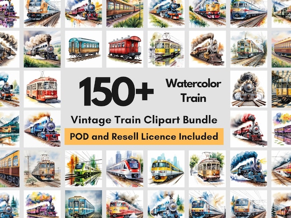 150+ Vintage Train Clipart | Watercolor Steam Locomotive Art | PLR & POD License