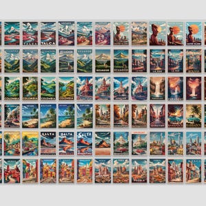 May include: A collection of vintage travel posters featuring various cities and landscapes. The posters showcase destinations like Quito, Ecuador, and Barbados, with vibrant colors and retro designs. The posters are arranged on a white background.
