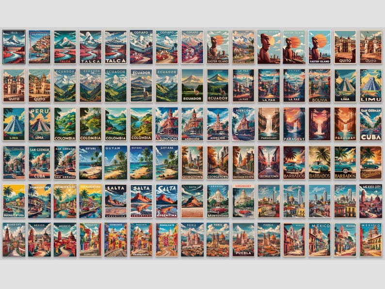 May include: A collection of vintage travel posters featuring various cities and landscapes. The posters showcase destinations like Quito, Ecuador, and Barbados, with vibrant colors and retro designs. The posters are arranged on a white background.