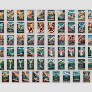 May include: A collection of vintage travel posters featuring various locations. The posters showcase colorful illustrations of landscapes, cityscapes, and cultural scenes. Each poster has a unique design, with text indicating the location, such as "Havana" and "Puerto Rico."