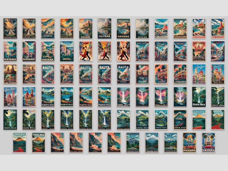 May include: A collection of vintage travel posters featuring various locations. The posters showcase colorful illustrations of landscapes, cityscapes, and cultural scenes. Each poster has a unique design, with text indicating the location, such as "Havana" and "Puerto Rico."