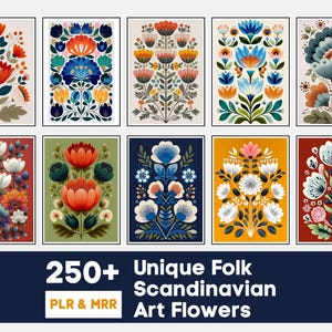 May include: Ten framed art prints showcasing vibrant, stylized floral designs in red, orange, blue, and white. The prints are in the folk art style, with the text "250+ Unique Folk Scandinavian Art Flowers" at the bottom.