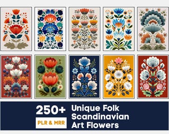 May include: Ten framed art prints showcasing vibrant, stylized floral designs in red, orange, blue, and white. The prints are in the folk art style, with the text "250+ Unique Folk Scandinavian Art Flowers" at the bottom.