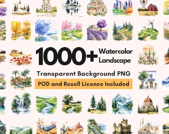Ponad 1000 akwarelowych clipartów krajobrazowych | Góry, ogrody, lasy w formacie PNG | Licencja PLR i POD