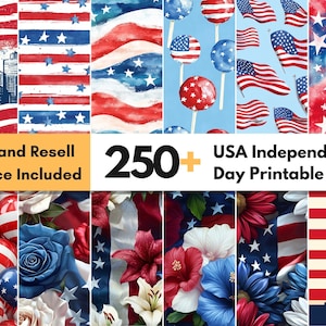 250 Patriotic 4th of July Digital Paper Bundle - USA Independence Day Printable, Red White Blue Scrapbook Paper, American Seamless Pattern