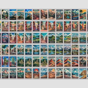 May include: A collection of vintage-style travel posters featuring various South American cities and landscapes. The posters showcase colorful illustrations of landmarks, cityscapes, and natural scenery, with city names like Medellin and Rosario.