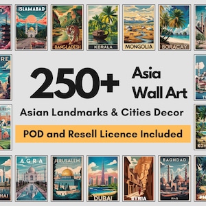 250 Asien Reiseposter Bündel - Wandkunst im Vintage Stil - Druckbare Asiatische Wahrzeichen & Städte Dekor - Digitaler Download Reisedrucke