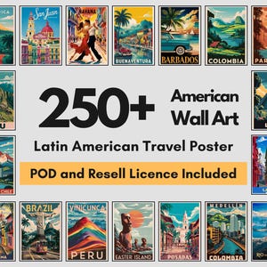 Paquete de 250 pósteres vintage de viajes de Sudamérica: láminas de arte mural retro imprimibles, países latinoamericanos, uso comercial, derecho de reventa.