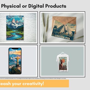 May include: Image showcasing examples of physical and digital products. Includes a Patagonia poster, a Chichen Itza postcard, a phone displaying a Christ the Redeemer image, and a t-shirt with an Easter Island design. Text: "Unleash your creativity!"