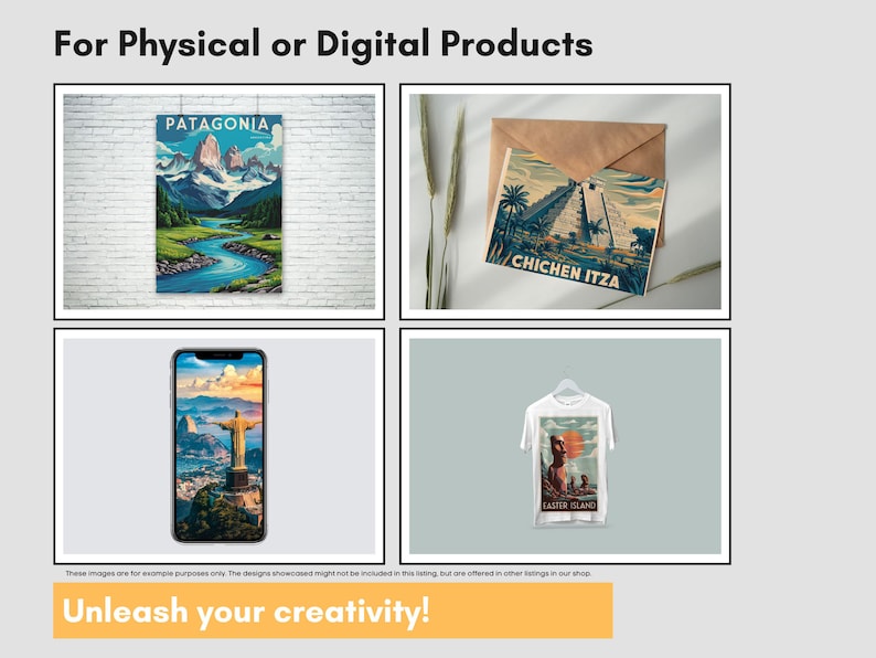 May include: Image showcasing examples of physical and digital products. Includes a Patagonia poster, a Chichen Itza postcard, a phone displaying a Christ the Redeemer image, and a t-shirt with an Easter Island design. Text: "Unleash your creativity!"