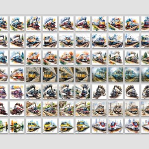 May include: A collection of watercolor paintings featuring various trains. Each square depicts a different train, showcasing a range of colors and styles, from classic steam engines to modern locomotives. The artwork captures the essence of train travel.