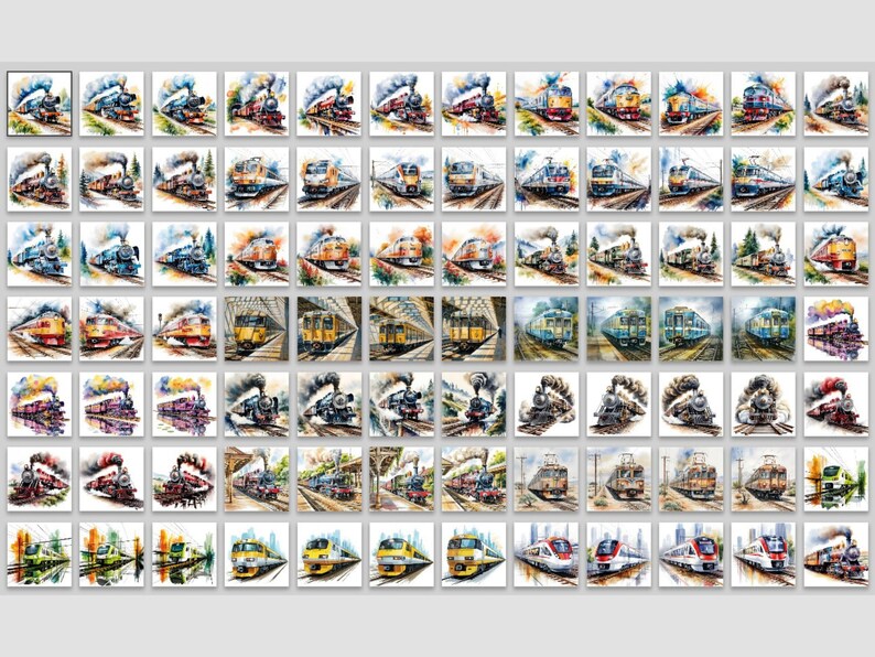 May include: A collection of watercolor paintings featuring various trains. Each square depicts a different train, showcasing a range of colors and styles, from classic steam engines to modern locomotives. The artwork captures the essence of train travel.