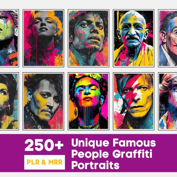 250点以上の著名人の肖像画グラフィティウォールアートバンドル | アーバンポップ、ストリートプリント | PLRおよびPODライセンス