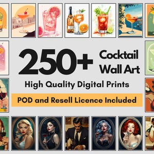250 Cocktail Art Prints Bündel | Wiederverkaufsrechte Digital & POD | Poster mit Cocktailbar |  Aquarell, Vintage, Modern, Pop Art Stile