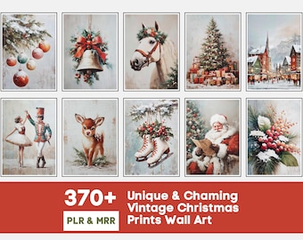 May include: A collection of vintage Christmas prints featuring festive scenes. The images include ornaments, a bell, a horse, a Christmas tree, a town, a ballerina and soldier, a deer, ice skates, Santa Claus, and berries. The text reads "370+ Unique & Charming Vintage Christmas Prints Wall Art."