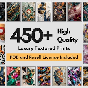 Może przedstawiać: Kolekcja ponad 450 wysokiej jakości, luksusowych wydruków o fakturowanej powierzchni. Wydruki prezentują różnorodne abstrakcyjne wzory z geometrycznymi kształtami, wzorami marmuru i złotymi akcentami. Tekst "POD and Resell Licence Included" jest wyświetlany na żółtym banerze.