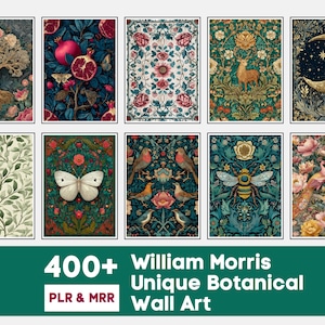 Könnte beinhalten: Eine Sammlung einzigartiger botanischer Wandkunst-Drucke. Die Drucke zeigen florale, tierische und von der Natur inspirierte Illustrationen in verschiedenen Farben. Der Text unten lautet "400+ William Morris Unique Botanical Wall Art".