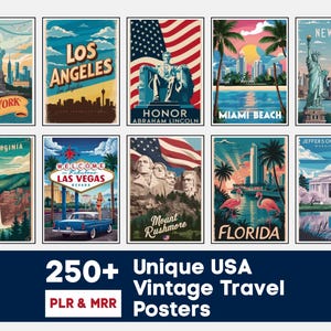 Plus de 250 affiches de voyage vintage aux États-Unis | Art mural rétro américain d'État | Licence PLR et POD