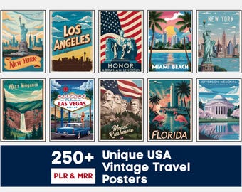 250+ Vintage USA Reiseposter | Retro American State Wandkunst Drucke | PLR & POD Lizenz