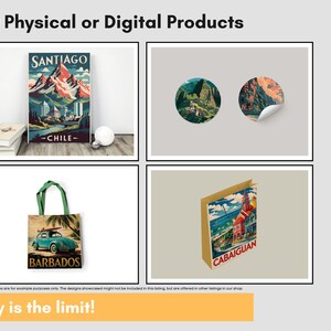 May include: A display of travel-themed products. Includes a poster with "SANTIAGO - CHILE" text, two round stickers, a tote bag with a vintage car and "BARBADOS" text, and a card with "CABAIGUAN" text. The text "Sky is the limit!" is also present.