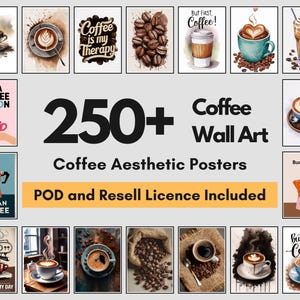 Pacote com 250 artes de parede para impressão para amantes de café – impressões digitais de café, citações de café com cappuccino e pôsteres estéticos de café expresso – download instantâneo