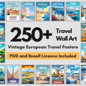 250 Vintage European Travel Poster Bundle | Retro Tourism Prints & City Landmark Illustrations | Travel Decor Digital Download