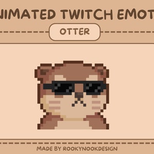Könnte beinhalten: Pixel-Art-Emote einer Otter, die eine Sonnenbrille trägt. Die Otter ist braun mit einer hellbraunen Schnauze und hat einen ernsten Ausdruck. Der Text "OTTER" befindet sich über der Otter. Der Text "MADE BY ROOKYNOOKDESIGN" befindet sich unter der Otter.