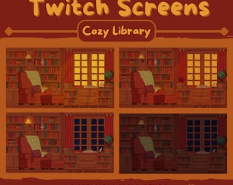 May include: Pixel art Twitch screens with a cozy library theme. The image features four different scenes: stream starting soon, be right back, stream ending soon, and offline. Each scene shows a library with a reading chair, bookshelves, and a window.