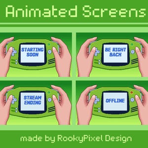 Puede incluir: Pantallas animadas para streaming, con estilo pixel art. Cada pantalla muestra un mensaje diferente: "Starting Soon", "Be Right Back", "Stream Ending" y "Offline". Las pantallas están diseñadas para parecerse a una consola de juegos portátil retro. También se incluye el texto "made by RookyPixel Design".