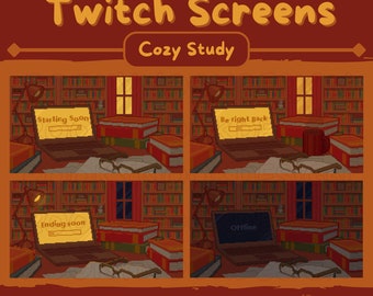 May include: Pixel art Twitch screens with a cozy study theme. The screens display messages like "Starting Soon," "Be Right Back," "Ending Soon," and "Offline" on laptops. The background features bookshelves, books, and a desk with a lamp and mug.