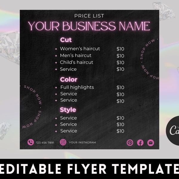 Price List, DIY Flyer Template Design, Hair Pricing Flyer, Pricelist Flyer, Pricing Guide Sheet, Nails Flyer, Premade Salon Business Flyer