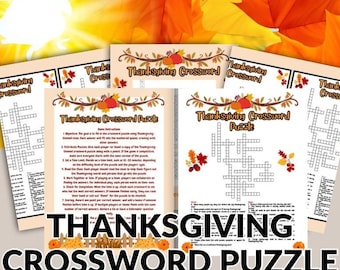 Puede incluir: Hojas de rompecabezas de crucigramas de Acción de Gracias con un tema otoñal. Las hojas tienen una cuadrícula de crucigramas, instrucciones y las palabras "Thanksgiving Crossword Puzzle" en texto grande. Las hojas de otoño y las calabazas decoran las páginas.
