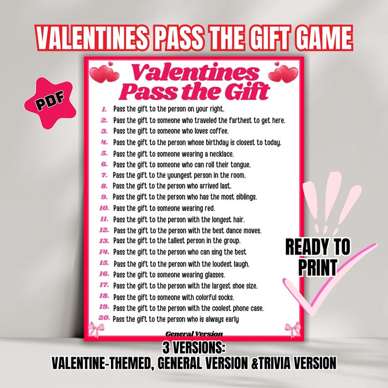 Valentine’s Pass the Gift Game, Pass the Gift Printable, Classroom ...