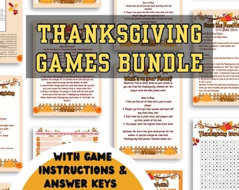 Könnte beinhalten: Ein Thanksgiving-Spiele-Bundle mit Spielanleitungen und Antwortschlüsseln. Das Bundle enthält verschiedene druckbare Spiele mit herbstlichen Aktivitäten. Der Text auf dem Bild lautet "Thanksgiving Games Bundle" und "Instant Download".