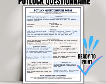 Op de afbeelding: Een printbaar potluck-vragenlijstformulier met secties voor evenementdetails, gerechtdetails, dieetvoorkeuren, decoratie en ambiance, evenementvoorkeuren, service- en schoonmaakondersteuning en het delen van de liefde. Het formulier bevat vragen over allergieën, dieetbeperkingen, decoratie, activiteiten en bijdragen aan het evenement.