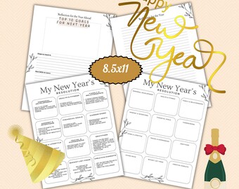 May include: A collection of New Year's resolution planning pages, including prompts for goals, reflections, and a bucket list. The pages are 8.5x11 inches and feature a gold "Happy New Year" design and a champagne bottle illustration.