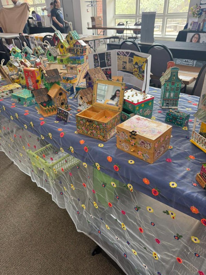 K&ouml;nnte beinhalten: Ausstellung handgefertigter dekorativer Schachteln und Vogelh&auml;user. Die Schachteln weisen florale und architektonische Designs auf, mit einer Vielzahl von Farben und Gr&ouml;&szlig;en. Einige haben Spiegel oder Schubladen. Die Vogelh&auml;user sind Miniatur- und farbenfroh.