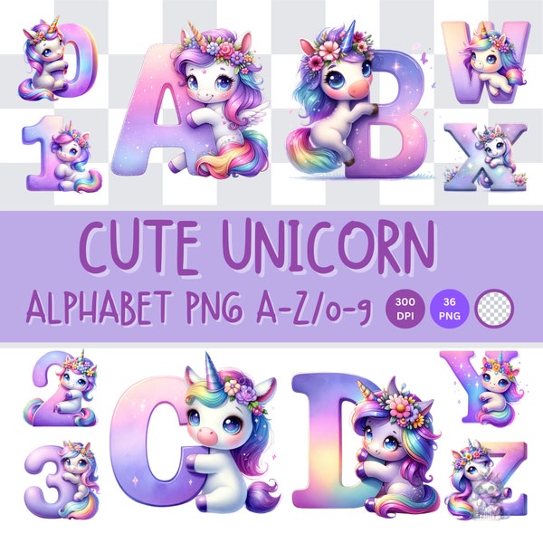 36 Cute Unicorn Alphabet and Numbers Clipart PNG - Pastel Rainbow, Kid's Party Graphics, Digital Download