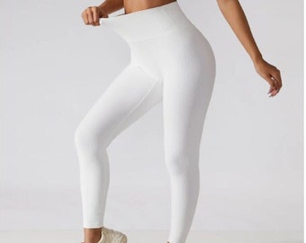 Leggings de yoga sans couture en tissu côtelé, Pantalons de gymnastique pour femmes faits main, Pantalons de fitness respirants taille haute pour femmes