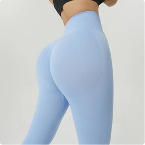 Leggings de sport en nylon, Pantalons de yoga pour femmes, Pantalons de sport moulants, Pantalon épais respirant élastique taille haute fait main Sky Blue