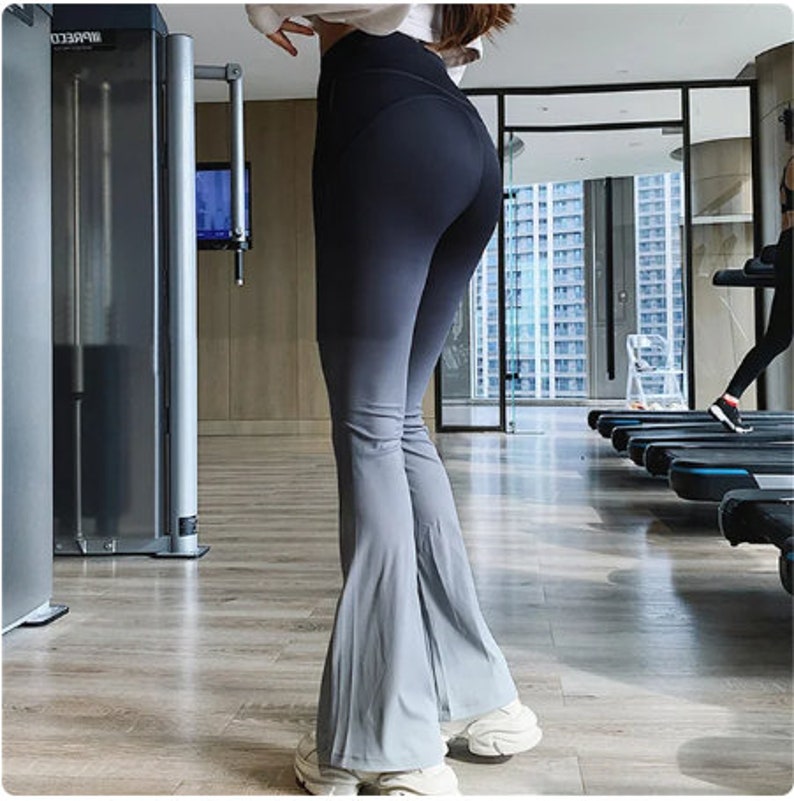 Pantalon de yoga évasé dégradé pour femme, legging de gymnastique taille haute jambe large et résistant aux accroupissements, pantalon de danse de sport pour entraînement fait main Black