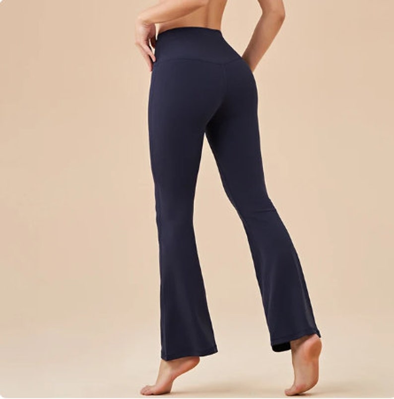 Gym Women's Pants, Handmade Yoga Leggings, Bell-bottoms Tight Elastic Breathable Sports Pants, Back Waist Pocket Women's Pants Dark Blue