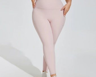 XL ~ 4XL Leggings de sport, Pantalon de yoga surdimensionné pour femme, Taille haute élastique respirante, deux poches latérales, Vêtements pour femme faits main